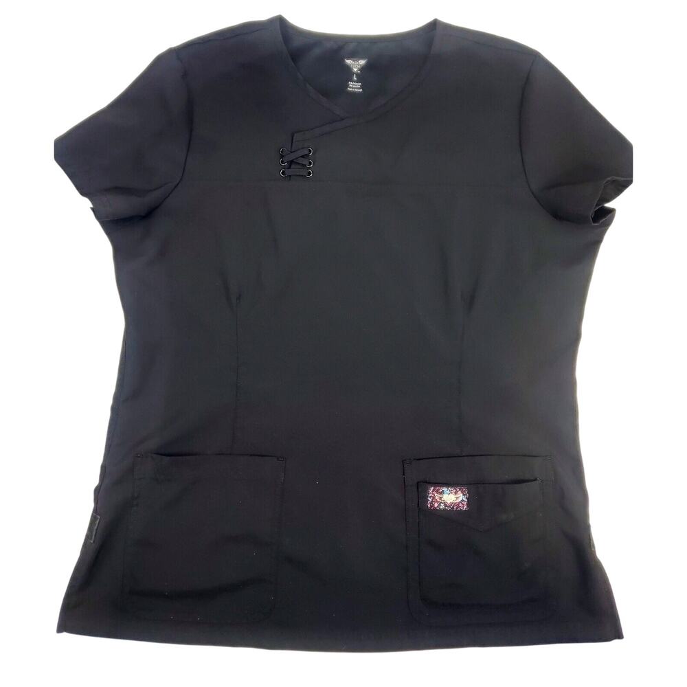 KOI Tech L Serena Womens Black Mock Wrap V-Neck Short Sleeve Scrub Top Large